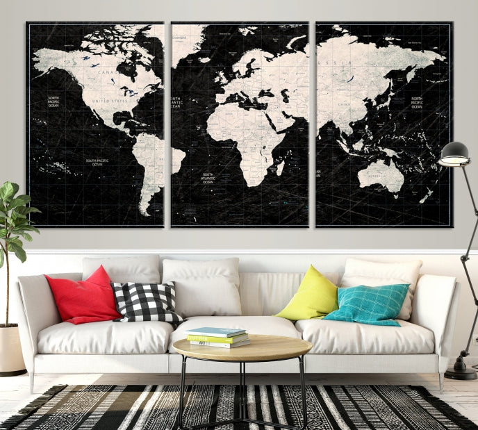 Mapa del mundo negro Lienzo grande