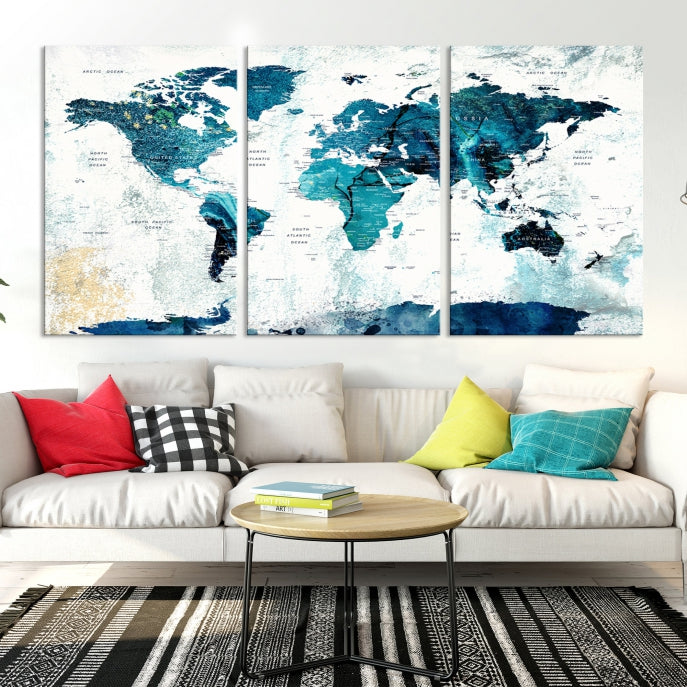 Push Pin World Map with Antarctica Wall Art Canvas Print