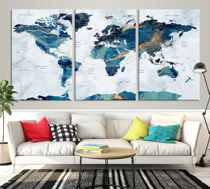 Carte du monde bleu vert, Art mural, impression sur toile
