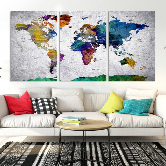 Carte du monde à punaises avec impression sur toile de l'Antarctique