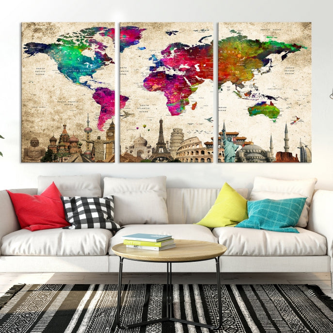 Impresión de arte de pared con pintura de mapa mundial de lienzo colorido grande