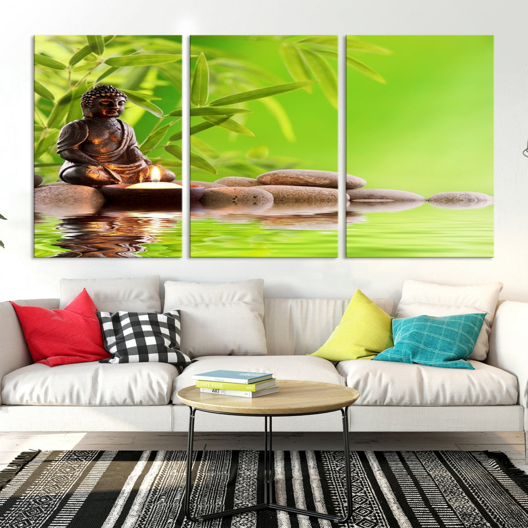 Small Cute Buddha Statue with Zen Stones and Green Leaves Canvas Print