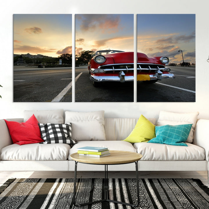 59075 - Arte de pared grande, antiguo, clásico, coche rojo en la carretera al atardecer, lienzo impreso