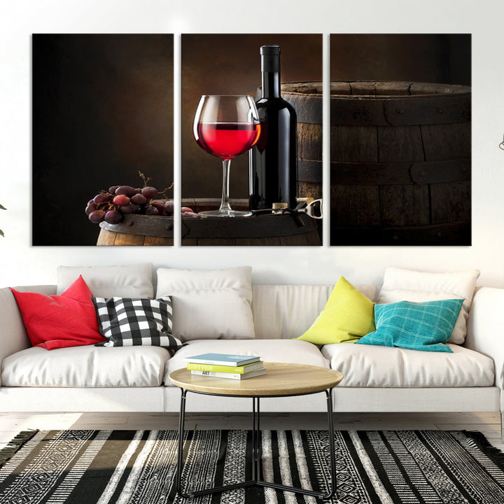Lienzo decorativo con botella de vino tinto y tun para pared grande