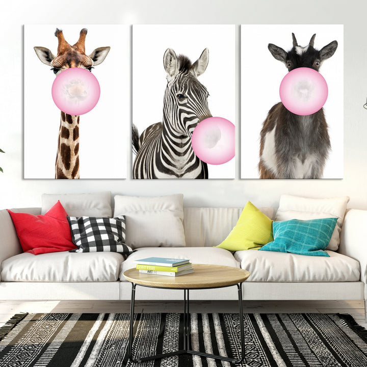 Animales divertidos, lienzo grande, arte de pared, cabra, cebra, jirafa, impresión en lienzo, animales lindos con globos para decoración de habitación de niños