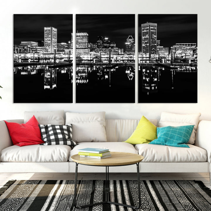 Baltimore City Lights Skyline Art mural noir et blanc Paysage urbain Impression sur toile