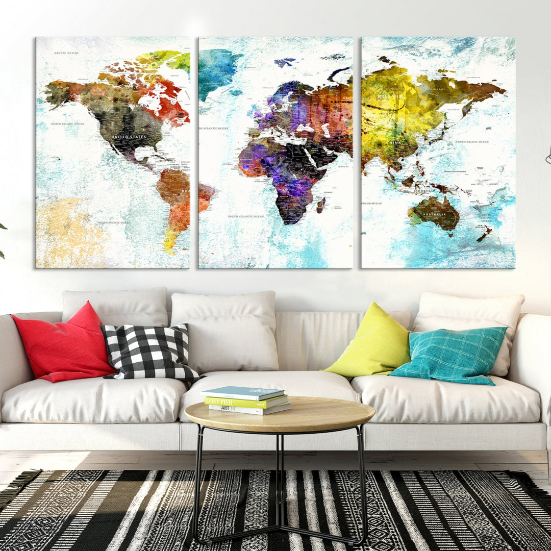 Toile d’art mural carte du monde multicolore