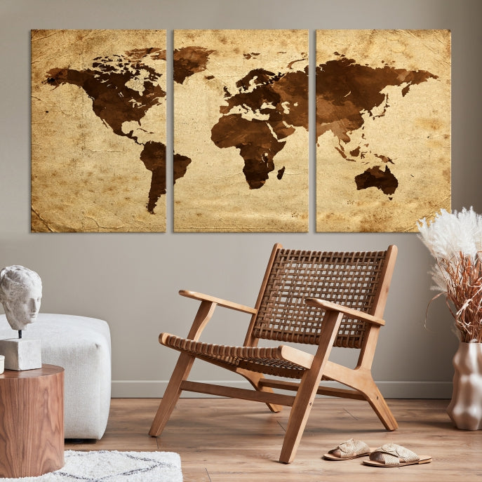 Carte du monde aquarelle marron, Art mural, impression sur toile