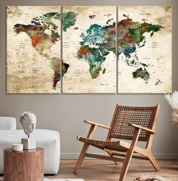 Colorful Push Pin World Map on Grunge Stained Background Large Canvas Print