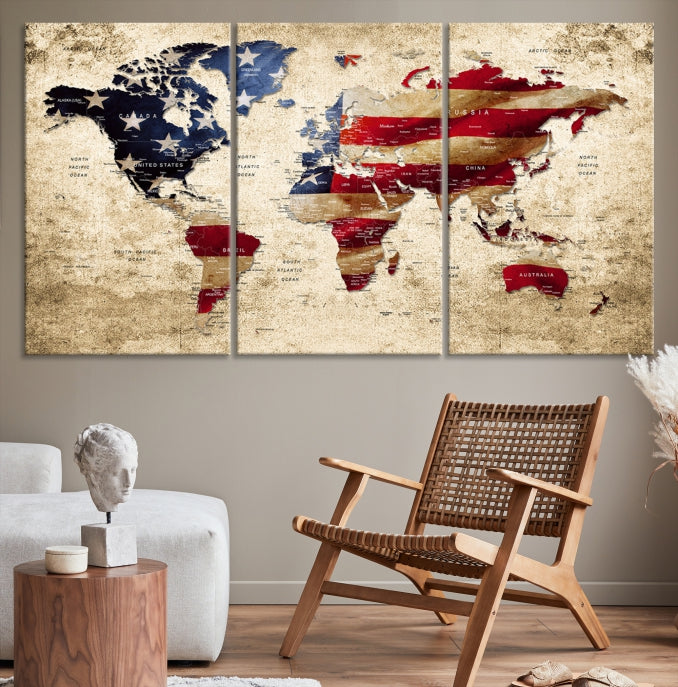 Drapeau des États-Unis et carte du monde Grunge Impression sur toile