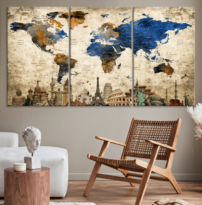 Wall Art World Map and Wonders Canvas Print