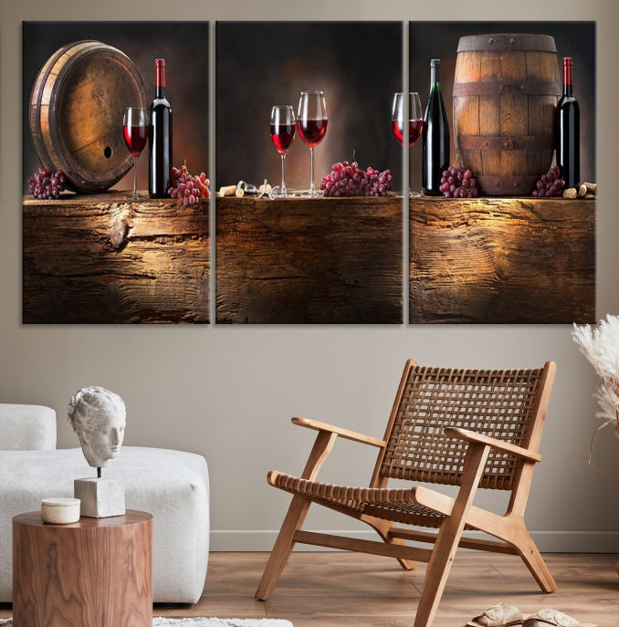 Lienzo decorativo para pared grande con vino y barriles