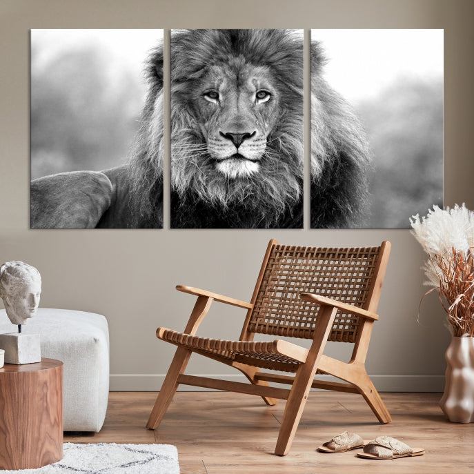 Impresión animal del arte de la pared del lienzo del león grande en blanco y negro