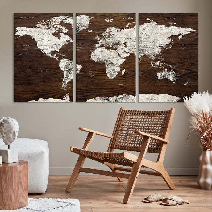World Map Wall Art on Wooden Brown Background World Map Canvas Print