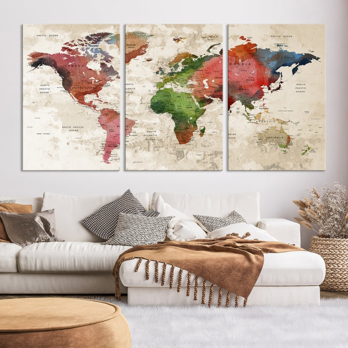 Watercolor World Map Push Pin Travel Lover Wall Art Canvas Print
