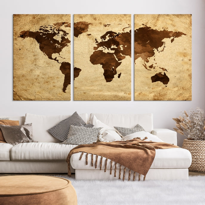 Brown Watercolor World Map on Old Paper Style Background