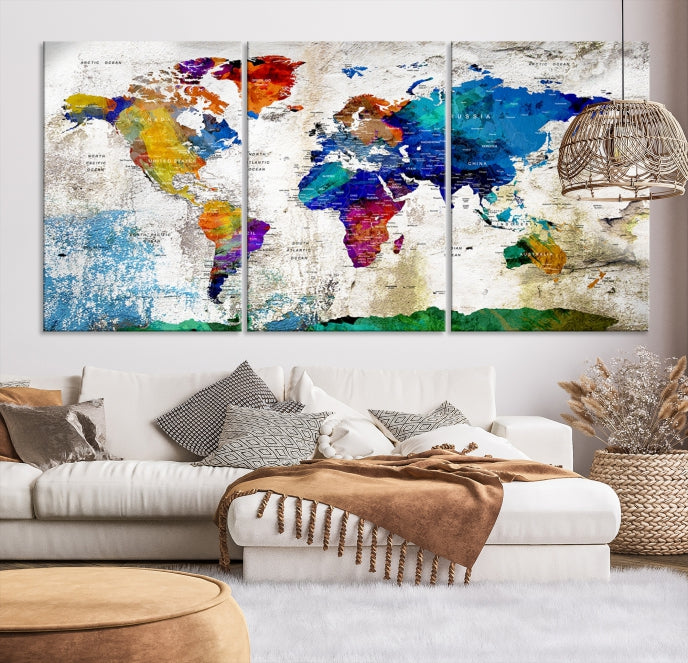 Art mural de carte du monde aquarelle bleu marine orange Impression sur toile