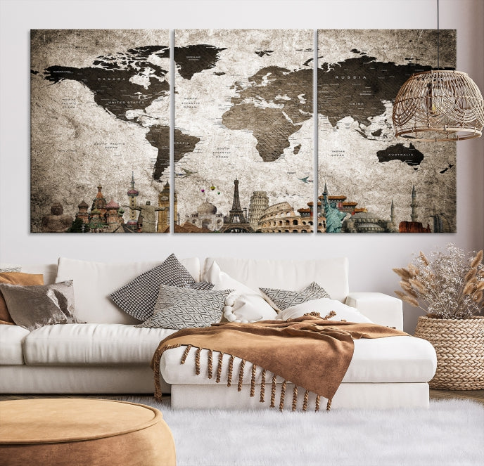 Impresión de lienzo del mapa del mundo, impresión de lienzo de alfiler de empuje del mapa de la maravilla del mundo, lienzo de alfiler de empuje del mapa del mundo de arte de pared grande,