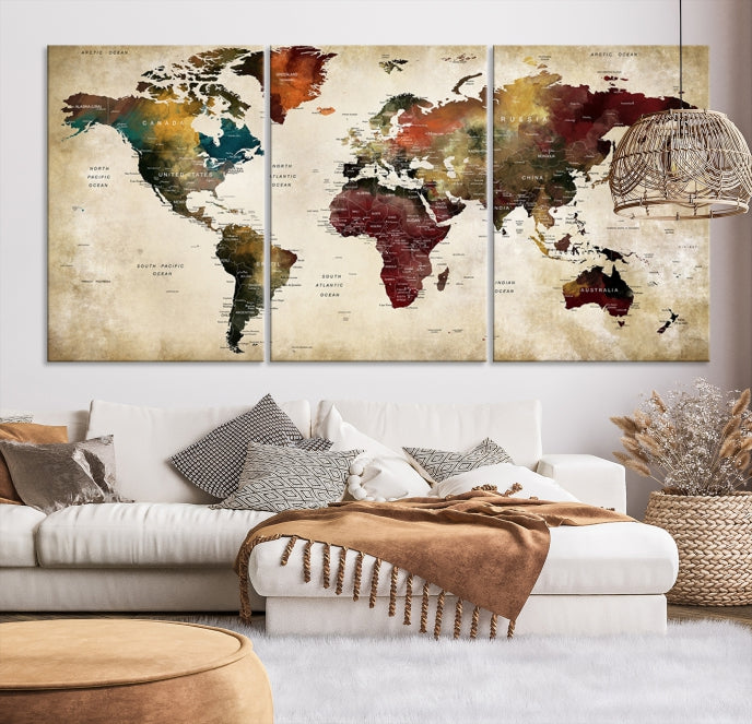 Carte du monde aquarelle punaise sur fond grunge Impression sur toile