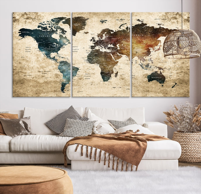 Impression sur toile de carte du monde, impression sur toile de punaise de carte