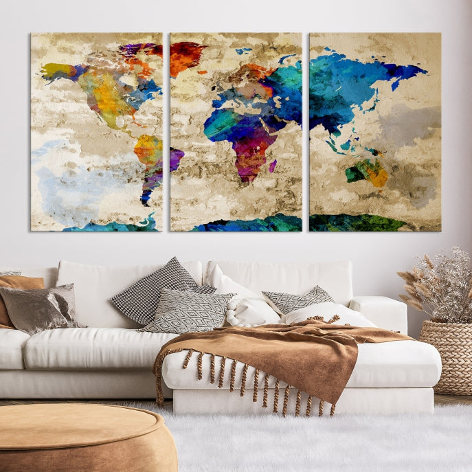 Carte du monde d'art mural aquarelle avec Antarctique Impression sur toile