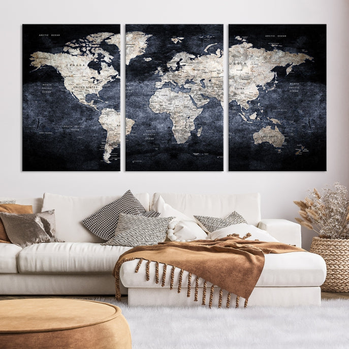 Large Black and White Metallic Push Pin World Map Wall Art Canvas Print