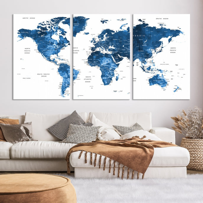 Arte de pared del mapa del mundo con alfiler de acuarela azul grande Lienzo