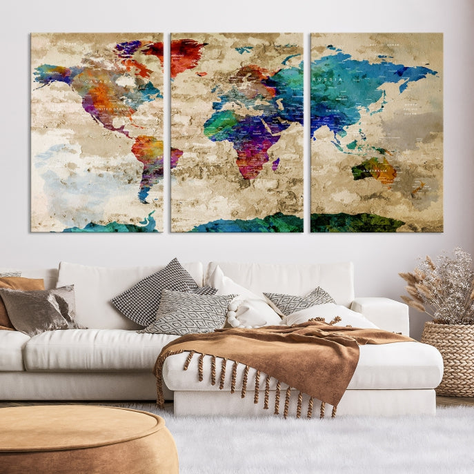 Carte du monde à punaises d'art mural aquarelle avec Antarctique Impression sur toile