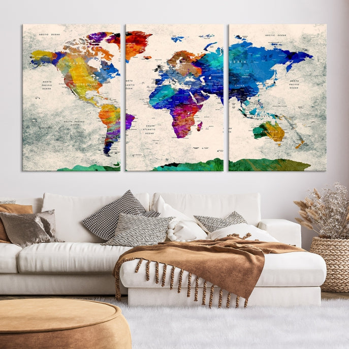 Arte de pared con mapa del mundo, alfiler extra grande y colorido Lienzo