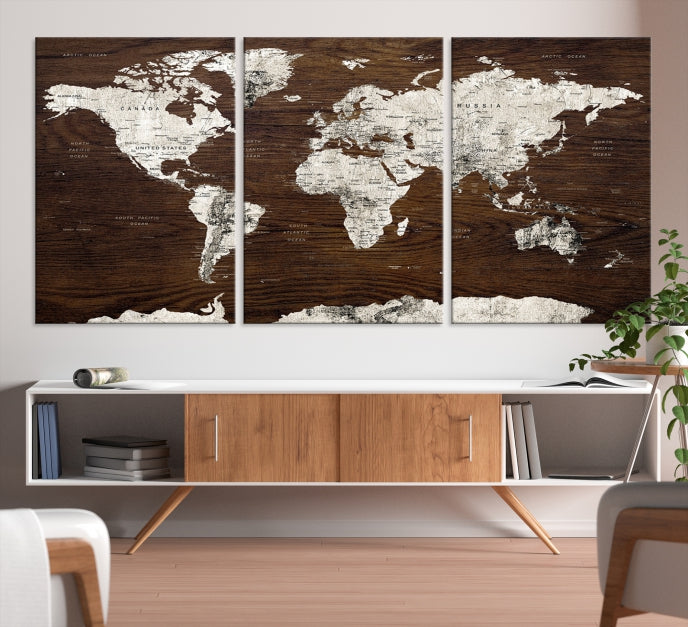 White Colored World Map on Brown Background Wall Art Canvas Print
