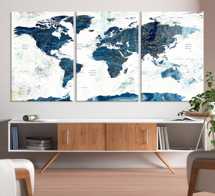Lienzo decorativo para pared grande con mapa mundial azul marino