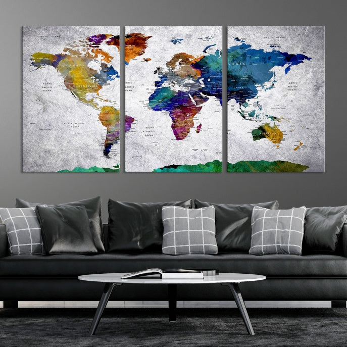 Arte de pared extra grande con alfiler, mapa mundial con impresión en lienzo de la Antártida