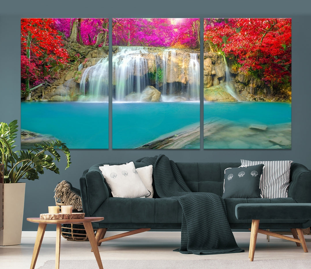 Wall Art Waterfall Landscape with Pink and Red Flowers in Forest Canvas Print