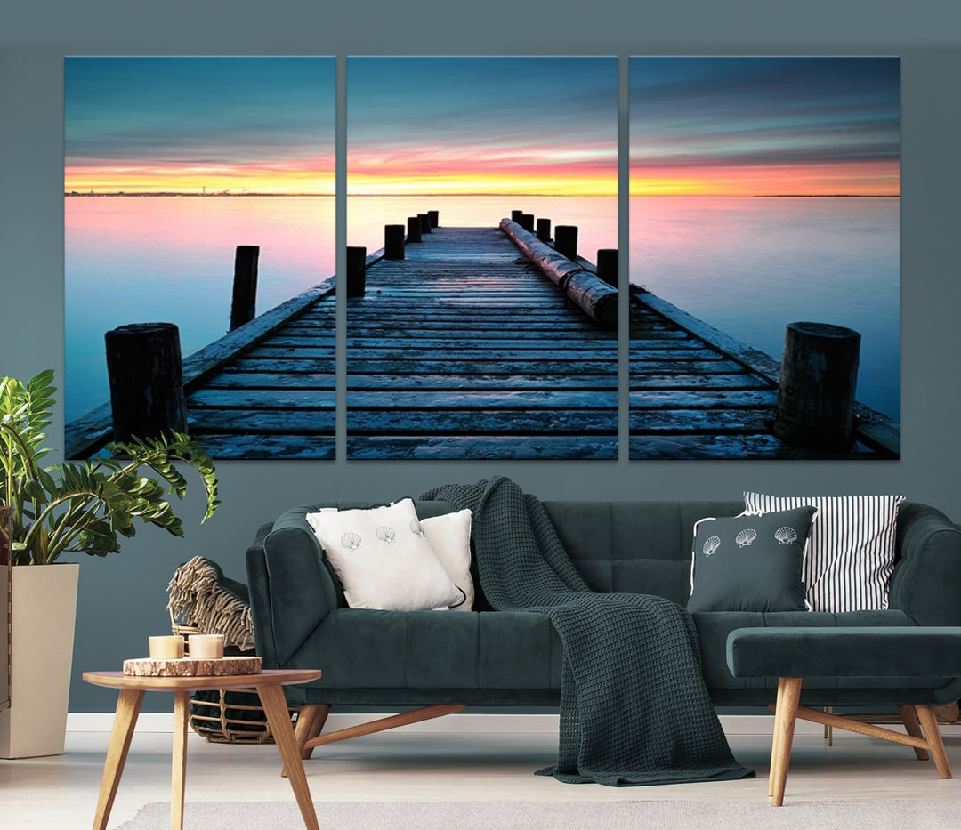 Art mural jetée en bois vintage sur la mer au coucher du soleil Impression sur toile