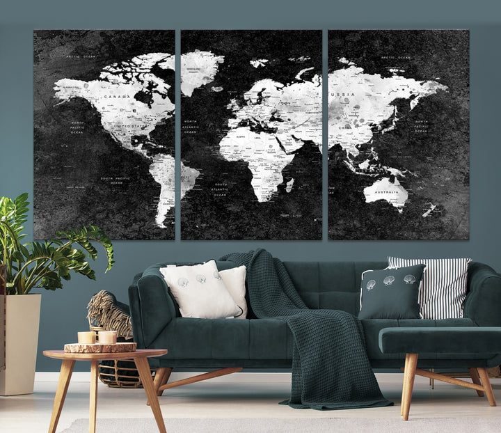 Black World Map Wall Art Canvas Print