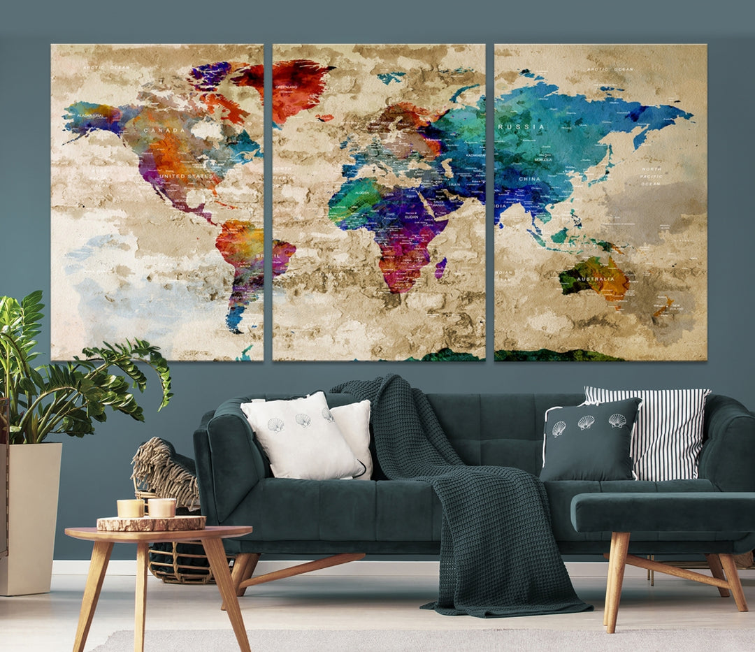 77991 - Mapamundi en acuarela, arte mural, impresión en lienzo | Impresión en lienzo de mapa del mundo con alfiler de arte de pared grande | Mapa mundial de viajes Lienzo