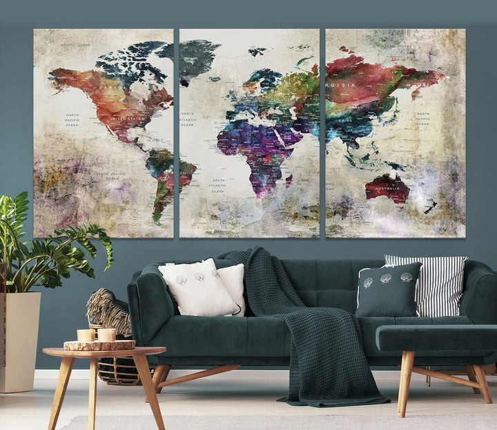 59504 - Impresión artística de pared con mapa del mundo vintage - Mapa grunge sobre lienzo Galería de pared Juego de 3 paneles Regalo para viajeros, mapa del mundo abstracto grande para sala de estar, comedor, cocina, decoración de oficina