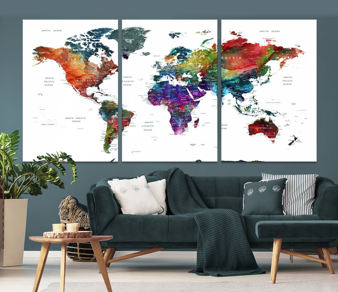 Carte du monde colorée, impression d'art mural, toile de carte Grunge