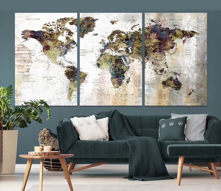 Impresión de arte de pared de mapa del mundo vintage - Conjunto de pared de galería de mapa grunge en lienzo