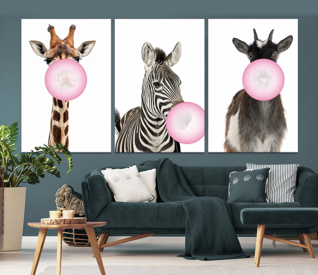 Toile murale avec animaux amusants, chèvre, zèbre, girafe, impression sur toile