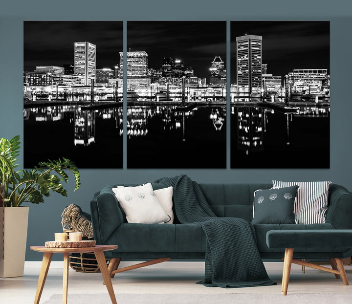 Horizonte de luces de la ciudad de Baltimore Arte de pared en blanco y negro Paisaje urbano Lienzo