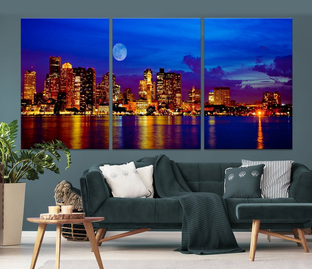 Luces de la ciudad de Boston Noche de luna llena Vista del paisaje urbano del horizonte azul Arte de pared grande Impresión en lienzo