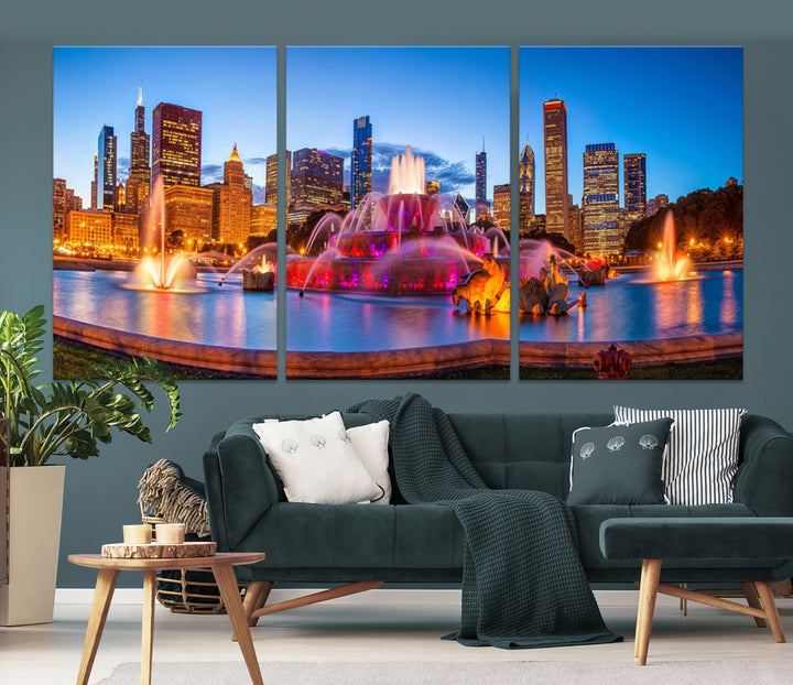 Chicago City Colorful Lights Night Skyline Cityscape View Wall Art Canvas Print