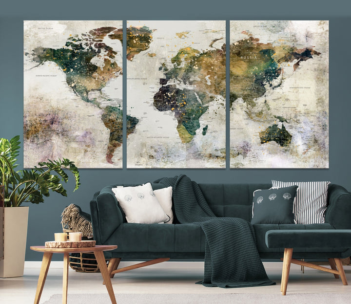 Impresión de arte de pared de mapa del mundo grande - Mapa en lienzo Galería Juego de pared de 3 paneles Regalo para mapa de viajero