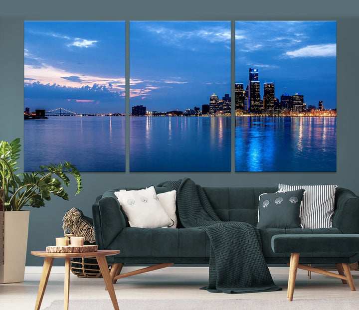 Detroit City Lights Night Blue Cloudy Skyline Cityscape View Wall Art Canvas Print