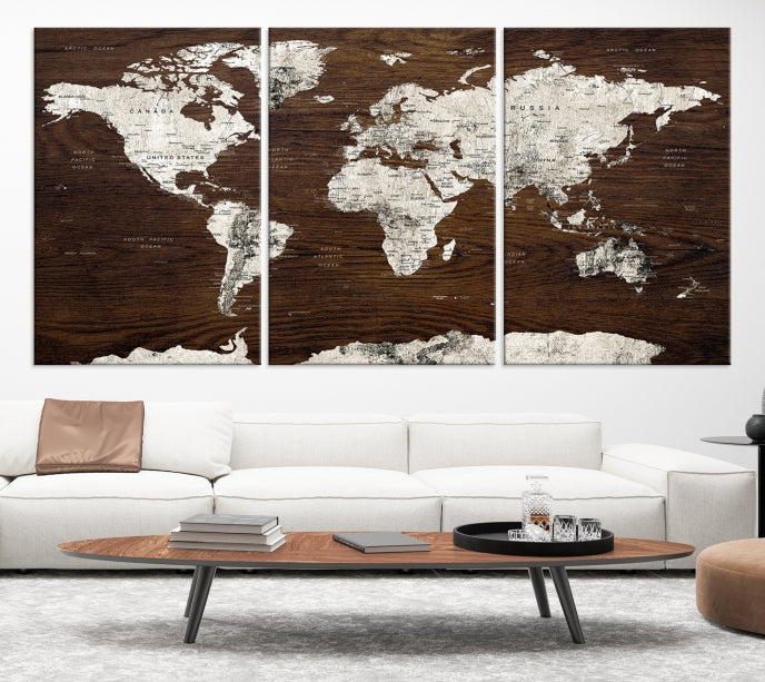 Mapa del mundo de color blanco sobre fondo marrón, mapa de lienzo grande, arte de pared del mapa del mundo con pasador de empuje extra grande, viaje con pasador de empuje