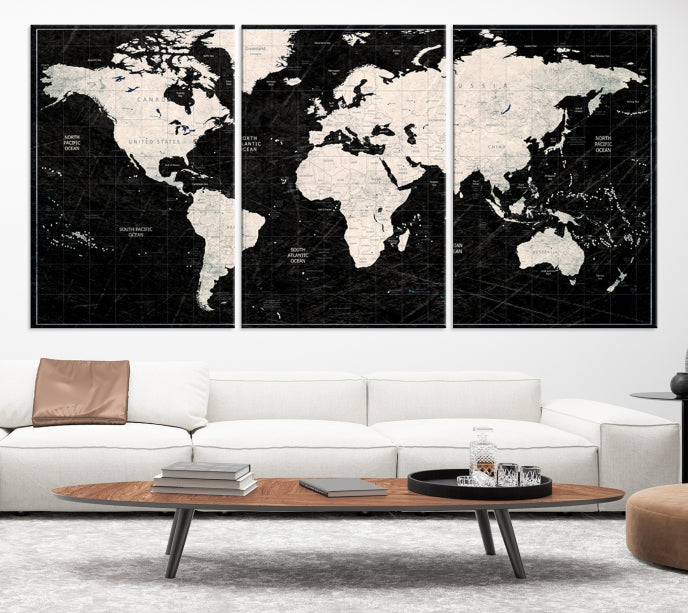 Mapa del mundo negro Lienzo grande