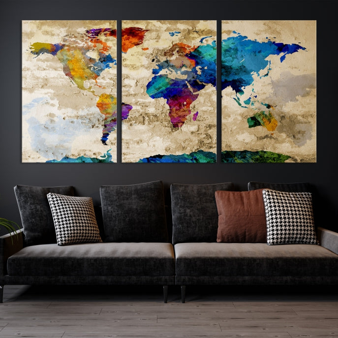 Watercolor Wall Art World Map w/ Antarctica Canvas Print