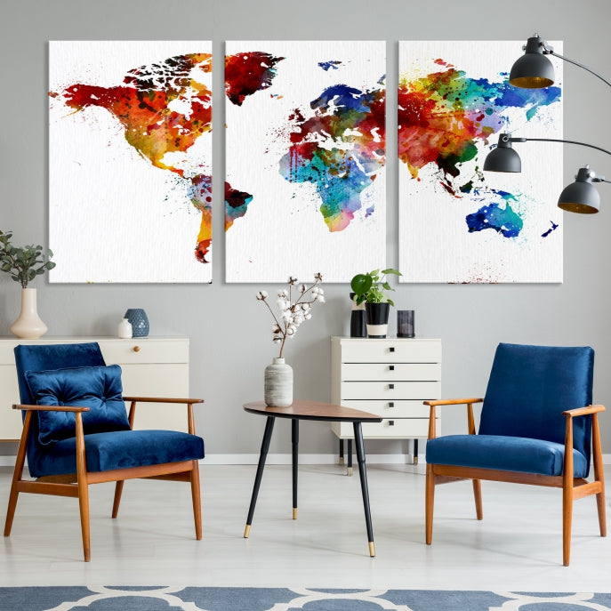 Arte de pared de acuarela de mapa mundial colorido grande Lienzo
