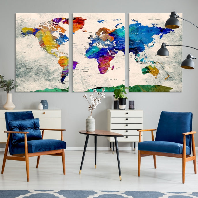 Arte de pared con mapa del mundo, alfiler extra grande y colorido Lienzo